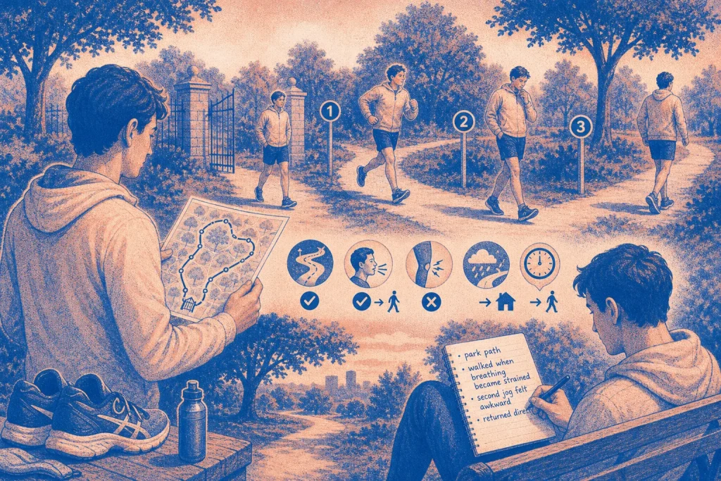 Man studying a map and recording jogging progress on a park path surrounded by trees and numbered markers