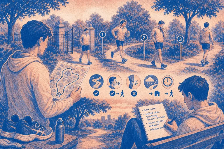 Man studying a map and recording jogging progress on a park path surrounded by trees and numbered markers