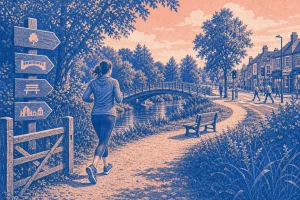 Person jogging on riverside path near wooden signpost and bridge with houses and pedestrians in background