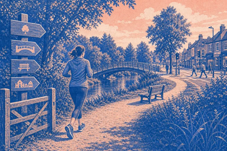 Person jogging on riverside path near wooden signpost and bridge with houses and pedestrians in background