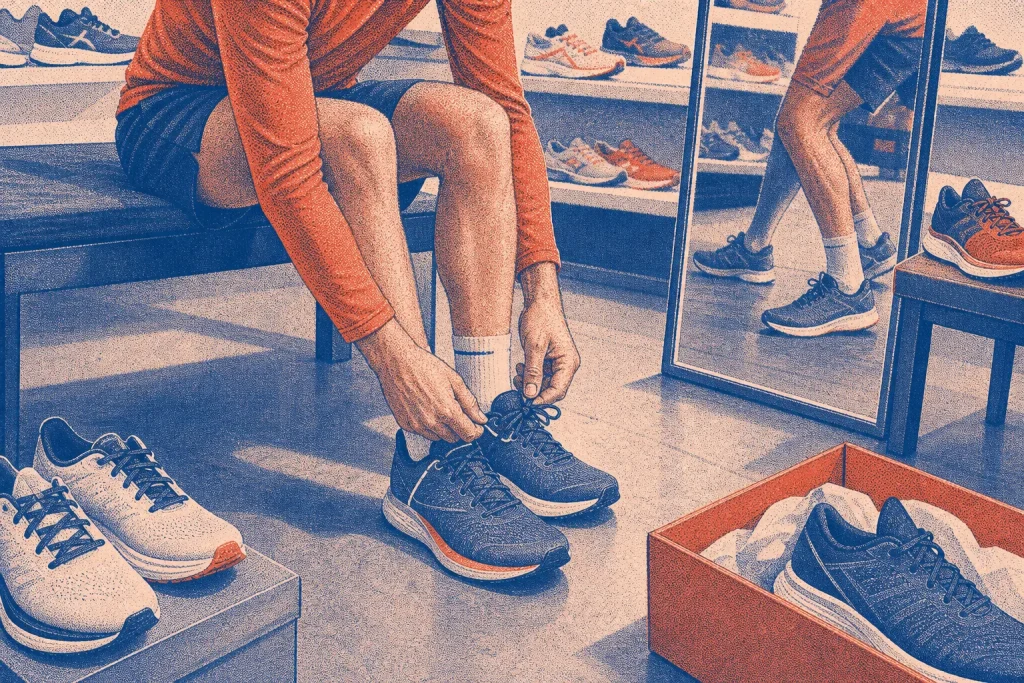 Person sitting on bench tying blue running shoes in a store with shelves of shoes and mirror nearby
