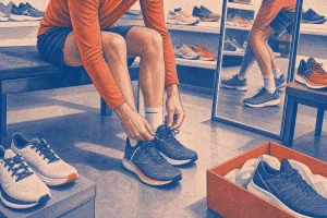 Person sitting on bench tying blue running shoes in a store with shelves of shoes and mirror nearby