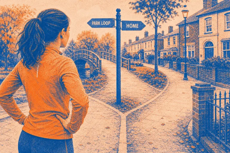 Woman in orange jacket standing at a forked path with signs pointing to park loop and home