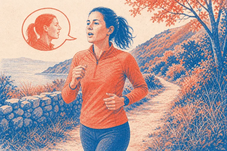 Woman jogging along a scenic trail with autumn trees and hills in the background